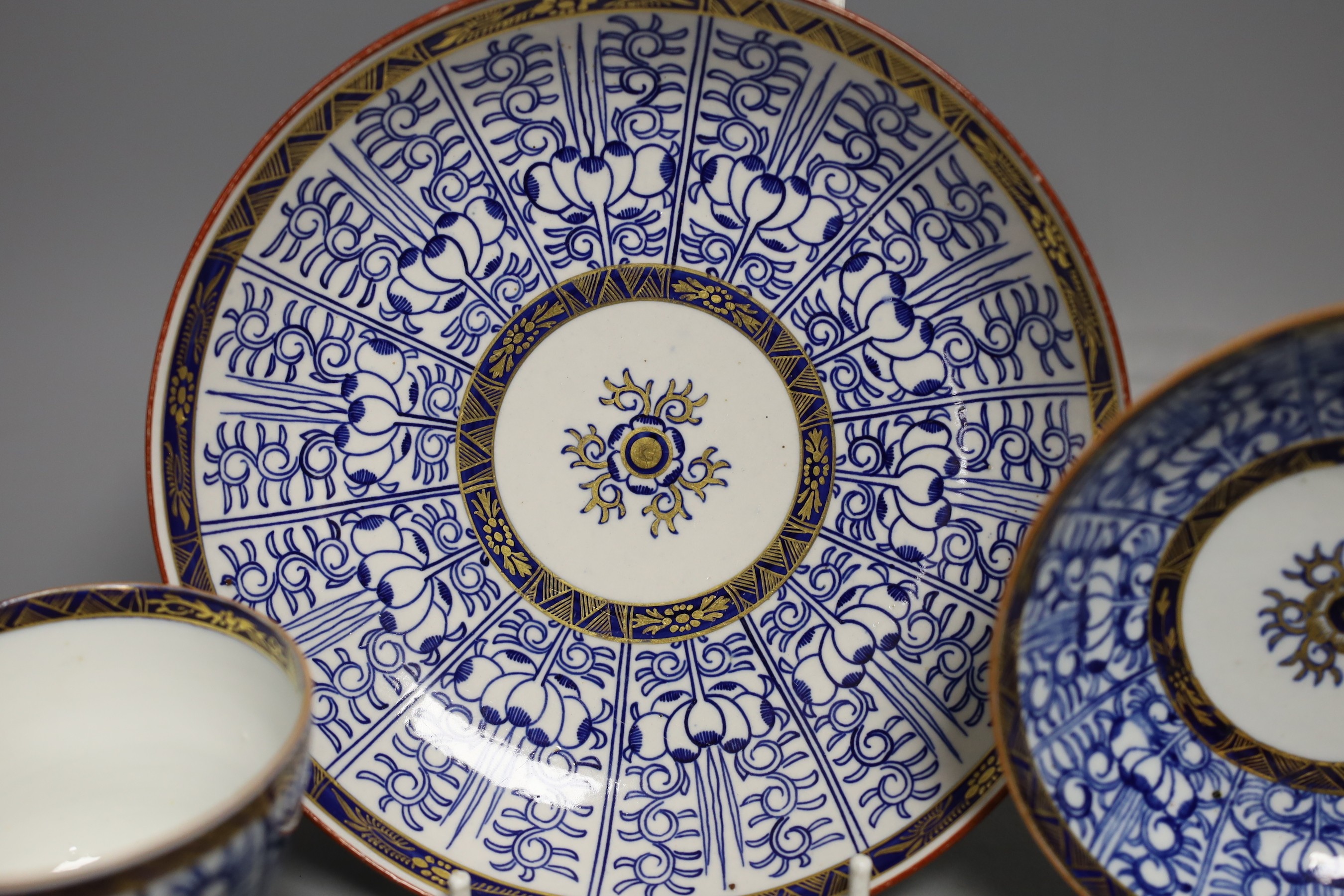 A Chamberlains Worcester saucer shaped dish and coffee cup and saucer both painted with the Royal Lily pattern c.1785